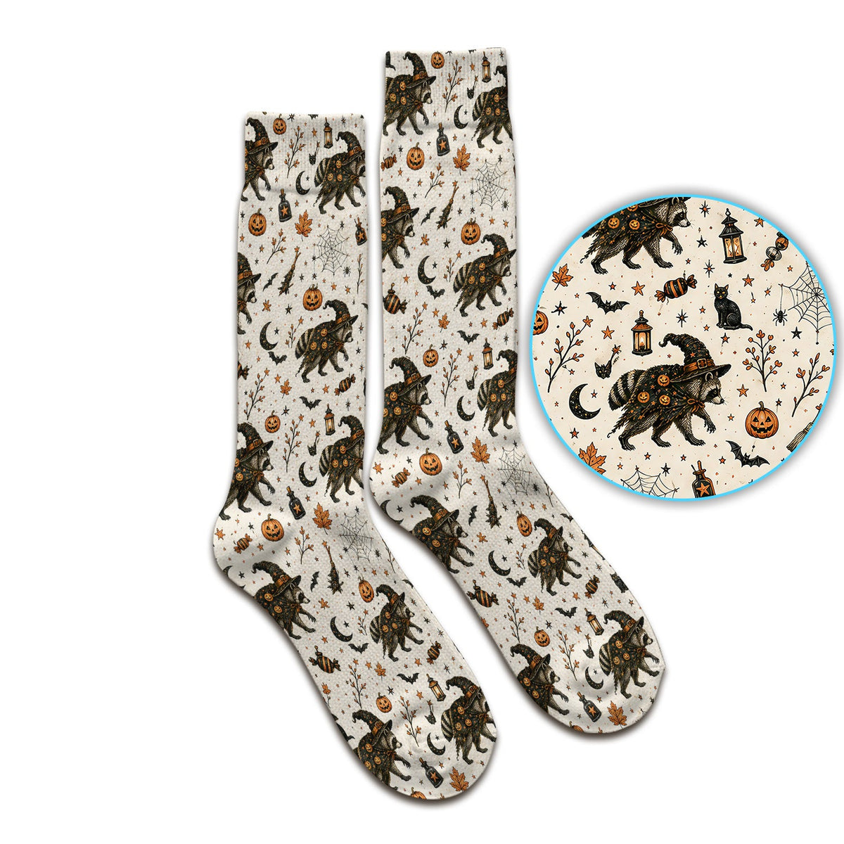 Spooky Halloween Witch Raccoon Socks, Adult Socks for Men and Women