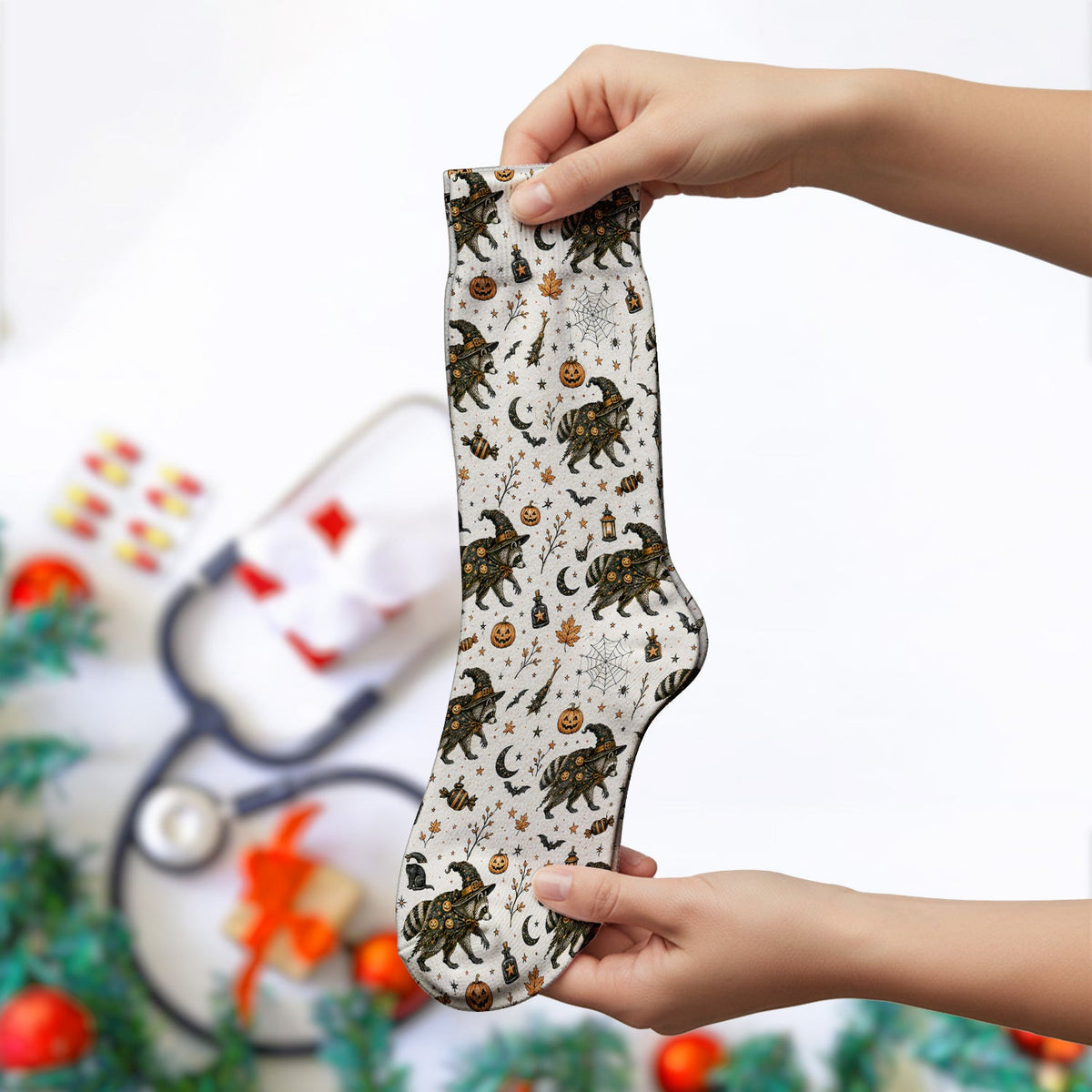 Spooky Halloween Witch Raccoon Socks, Adult Socks for Men and Women