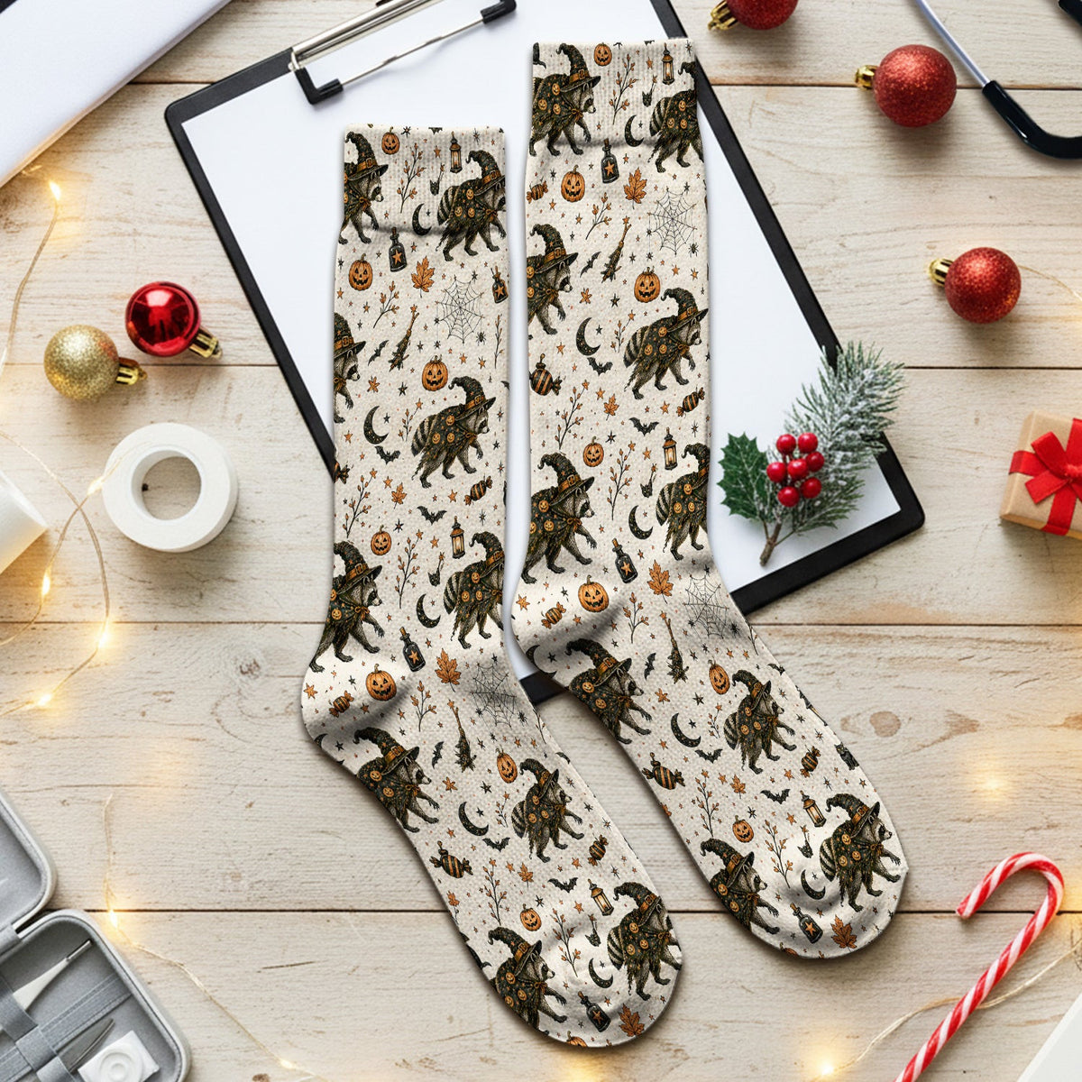 Spooky Halloween Witch Raccoon Socks, Adult Socks for Men and Women