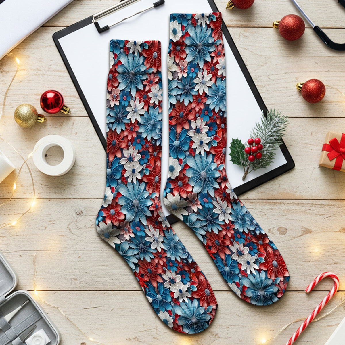 Patriotic 3D Floral Nurse for RN & CNA, Red Blue White Healthcare Workers Uniform Socks, Adult Socks for Men and Women