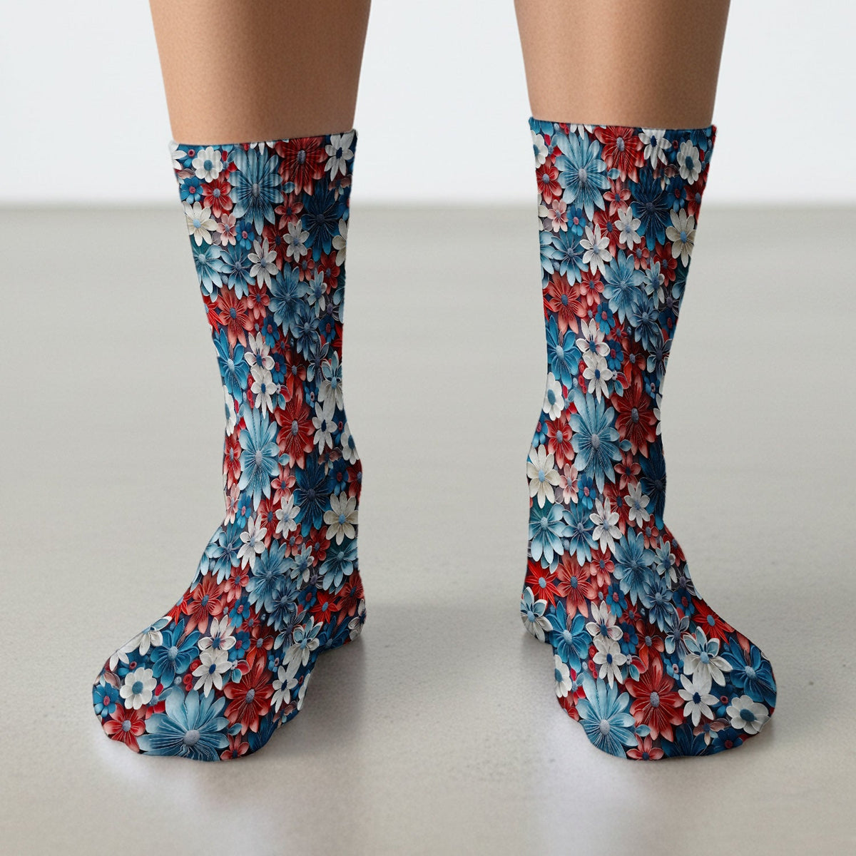 Patriotic 3D Floral Nurse for RN & CNA, Red Blue White Healthcare Workers Uniform Socks, Adult Socks for Men and Women