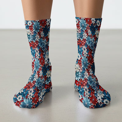 Patriotic 3D Floral Nurse for RN & CNA, Red Blue White Healthcare Workers Uniform Socks, Adult Socks for Men and Women