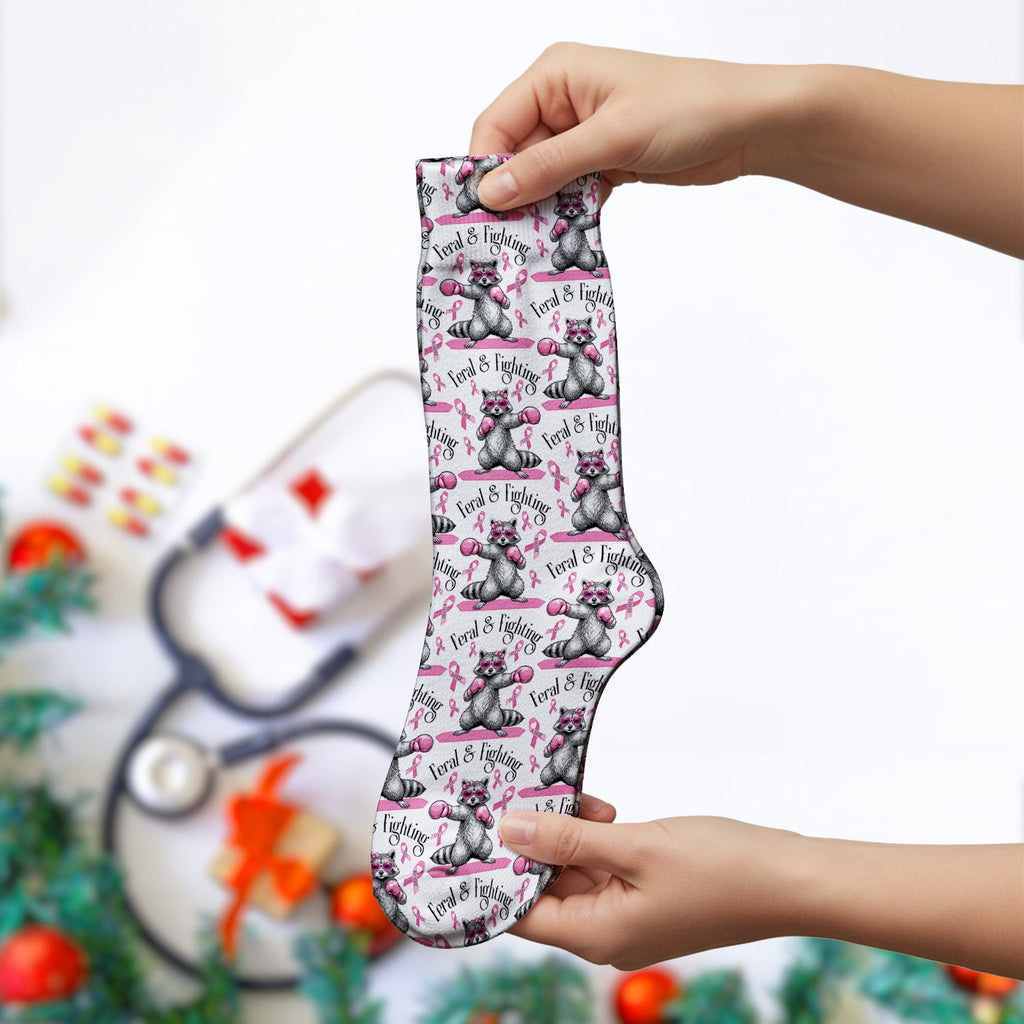 Breast Cancer Awareness Raccoon Socks, Adult Socks for Men and Women