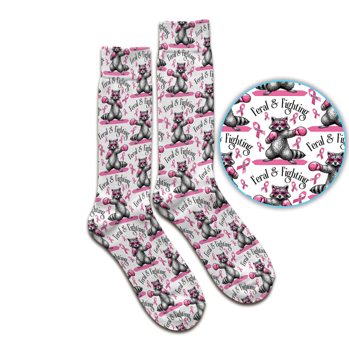 Breast Cancer Awareness Raccoon Socks, Adult Socks for Men and Women