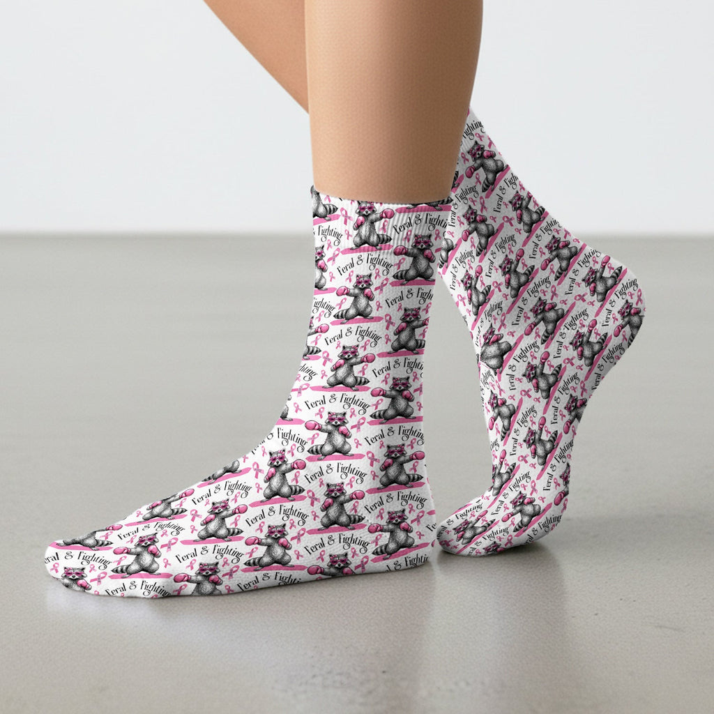 Breast Cancer Awareness Raccoon Socks, Adult Socks for Men and Women