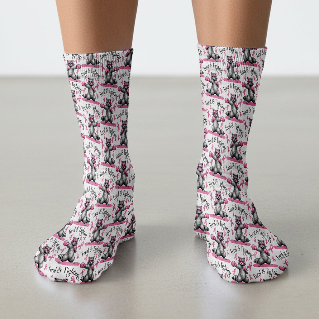 Breast Cancer Awareness Raccoon Socks, Adult Socks for Men and Women