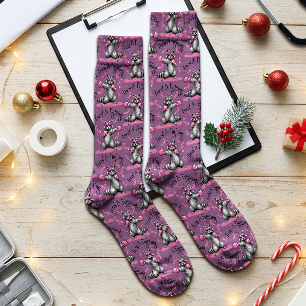 Breast Cancer Awareness Raccoon Socks, Adult Socks for Men and Women