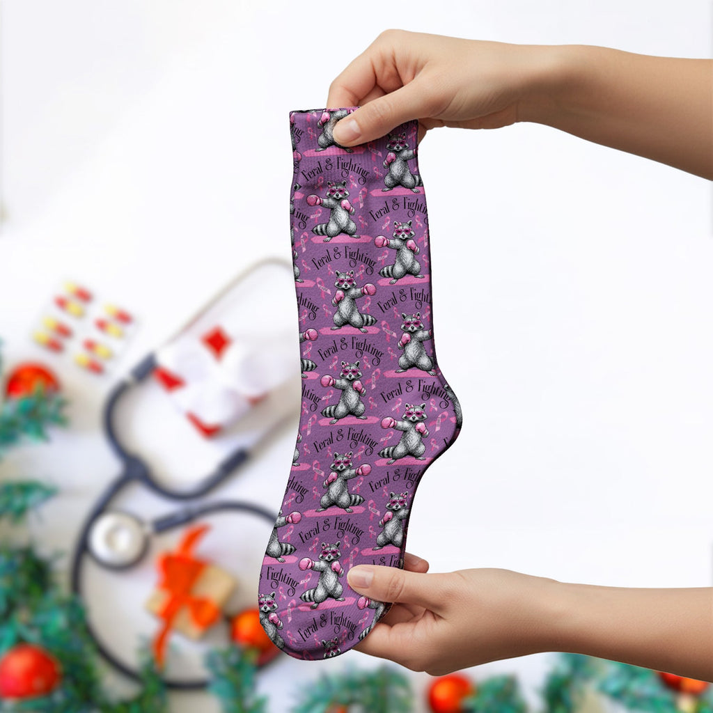 Breast Cancer Awareness Raccoon Socks, Adult Socks for Men and Women