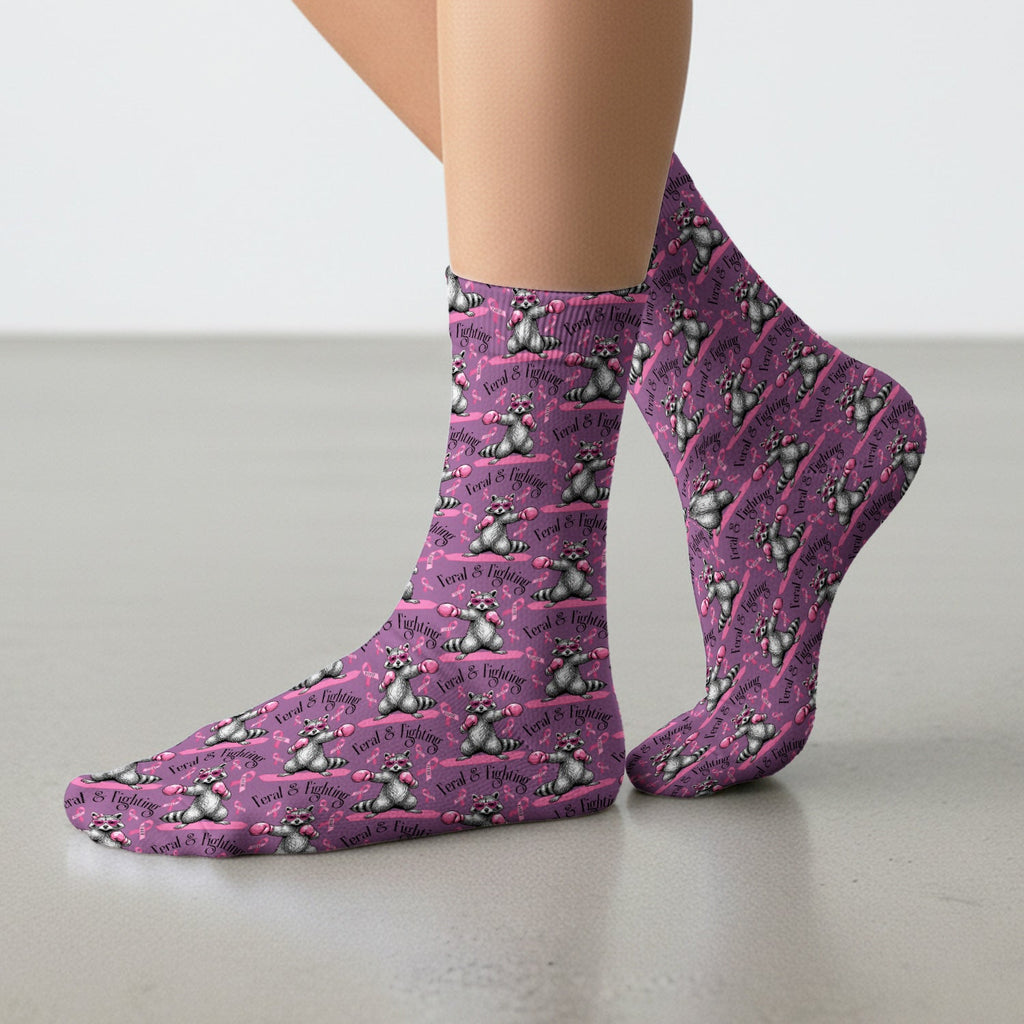 Breast Cancer Awareness Raccoon Socks, Adult Socks for Men and Women