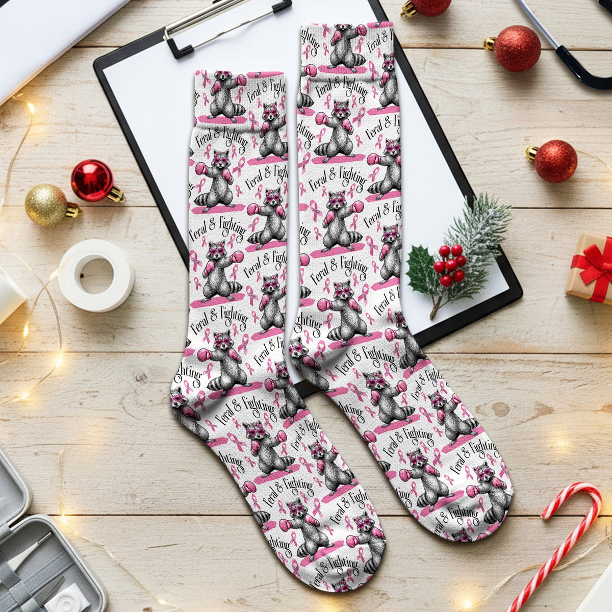 Breast Cancer Awareness Raccoon Socks, Adult Socks for Men and Women
