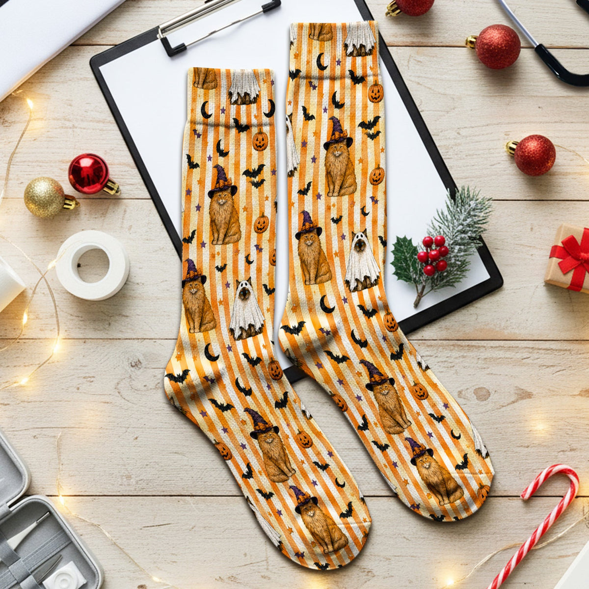 Halloween Cat Print Socks, Adult Socks for Men and Women