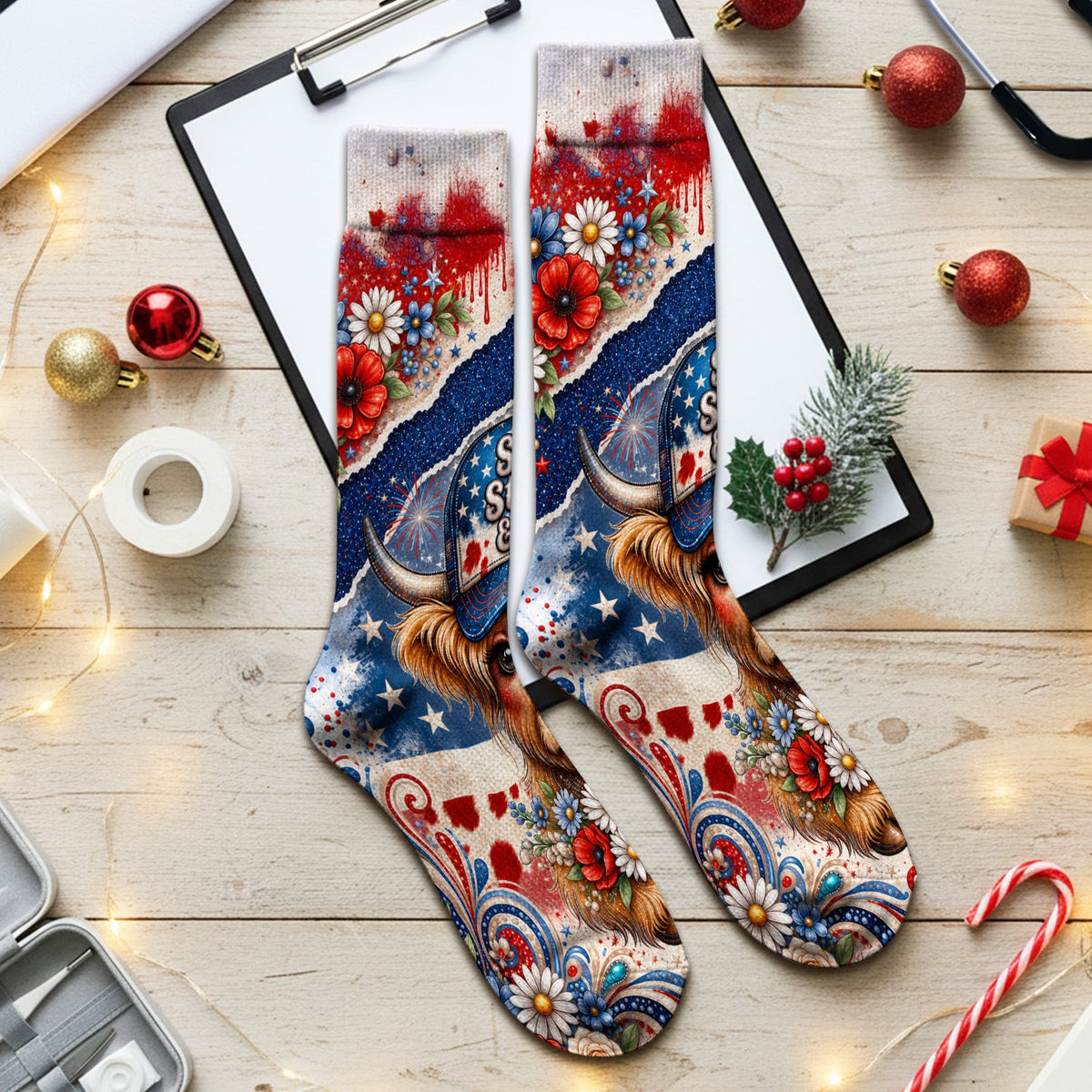 Patriotic Highland Cow Nurse Pattern, Healthcare Workers Socks, Adult Socks for Men and Women
