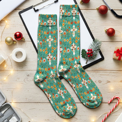 Christian Faith Floral Cross Pattern Socks, Adult Socks for Men and Women