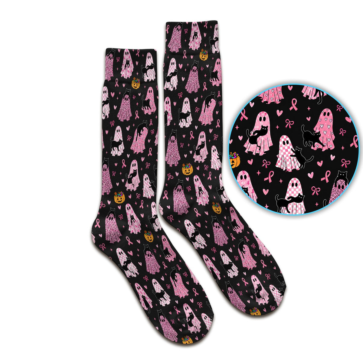 Breast Cancer Awareness Ghost Cat Socks, Adult Socks for Men and Women