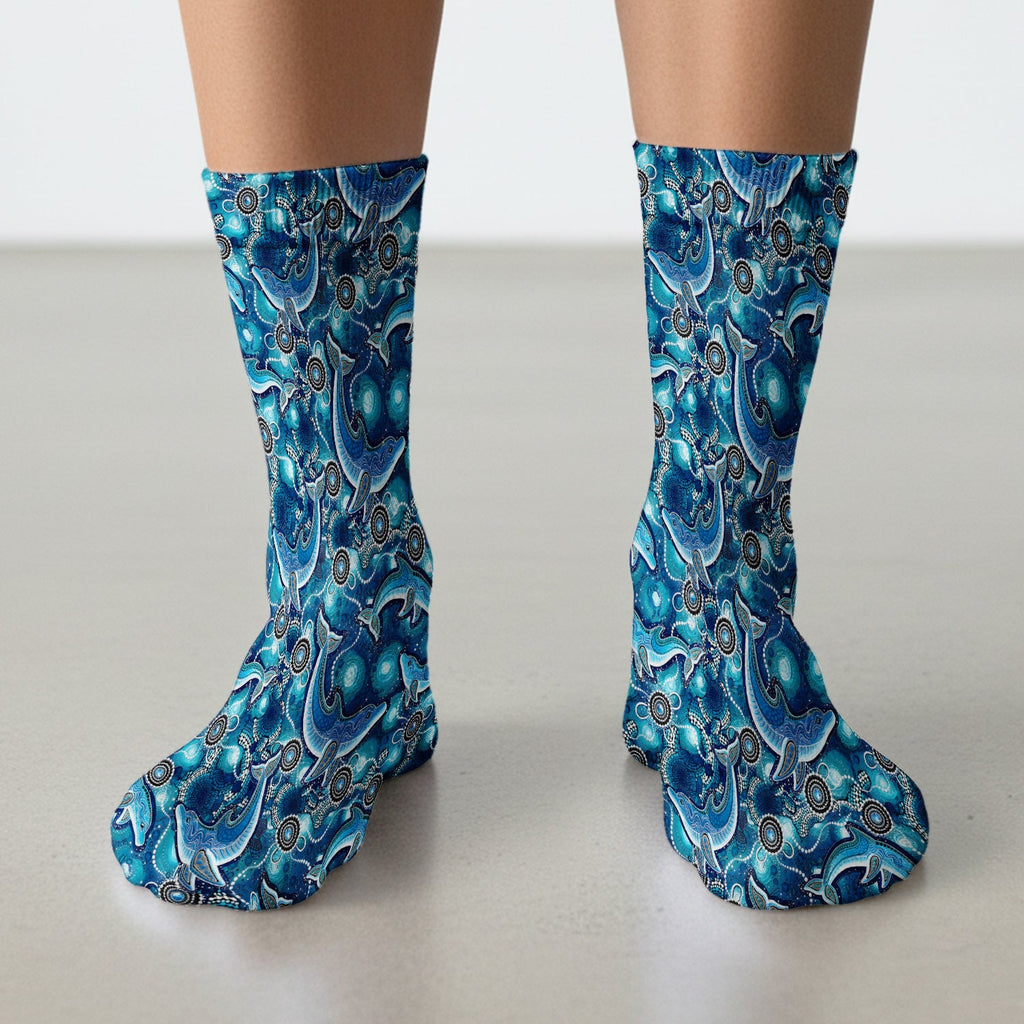 Ocean Dolphin Aboriginal Dot Print Socks, Adult Socks for Men and Women