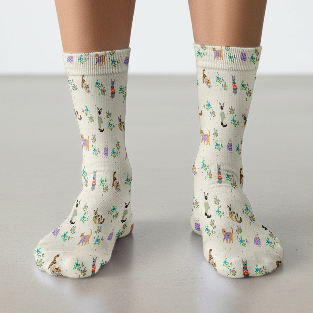 Cute Watercolor Cat Pattern Socks, Adult Socks for Men and Women