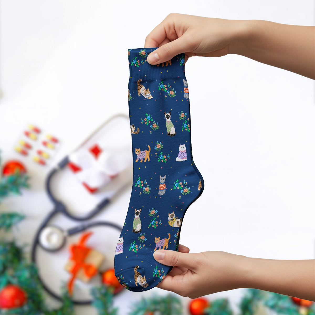Cute Watercolor Cat Pattern Socks, Adult Socks for Men and Women