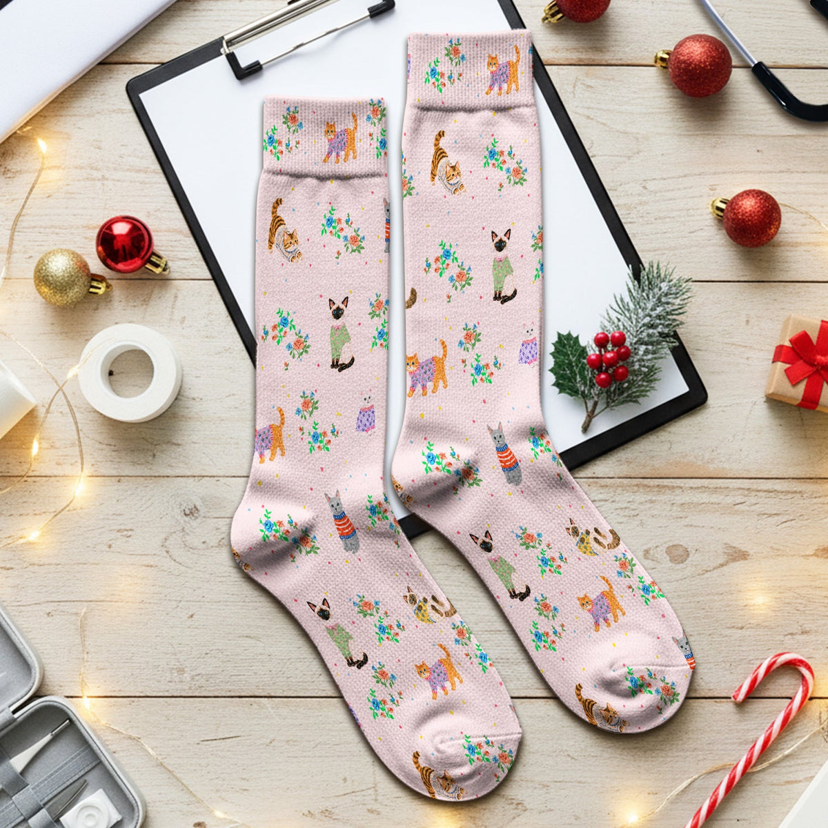Cute Watercolor Cat Pattern Socks, Adult Socks for Men and Women