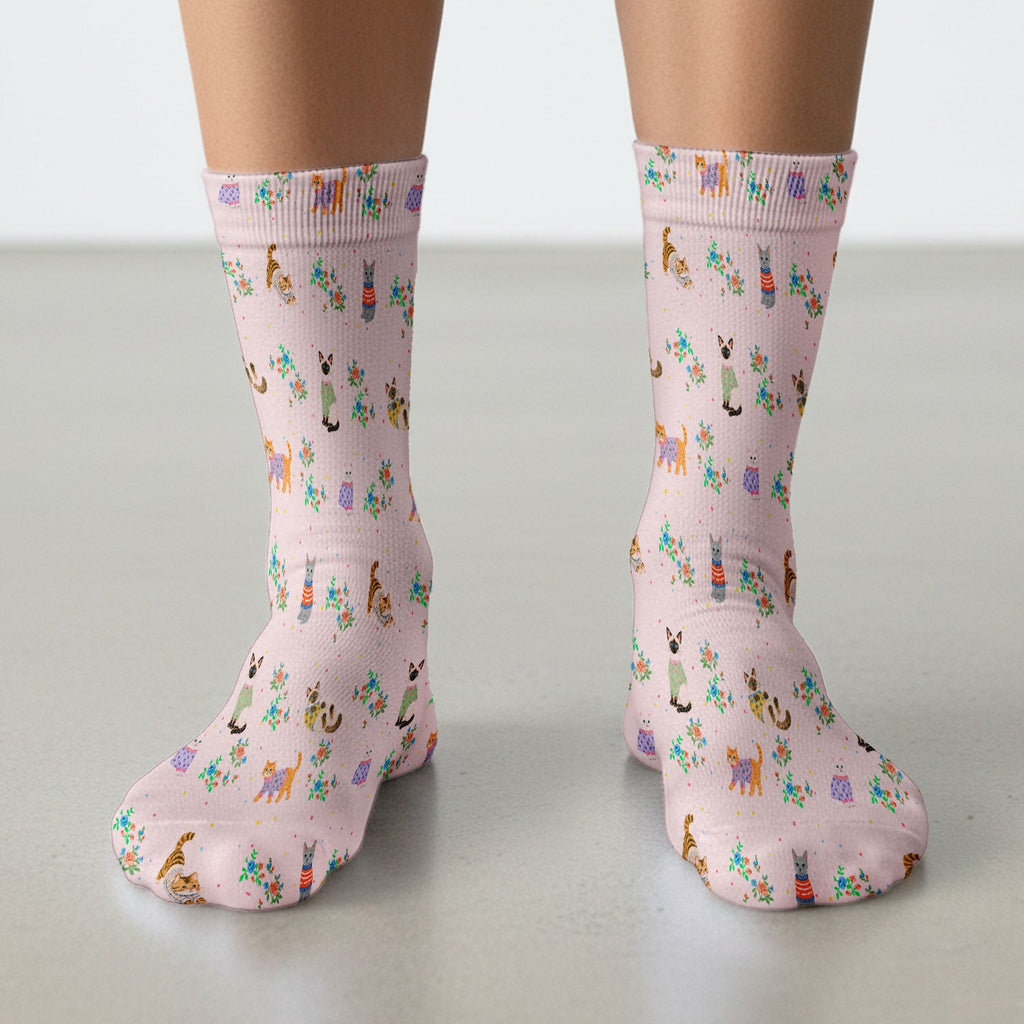 Cute Watercolor Cat Pattern Socks, Adult Socks for Men and Women