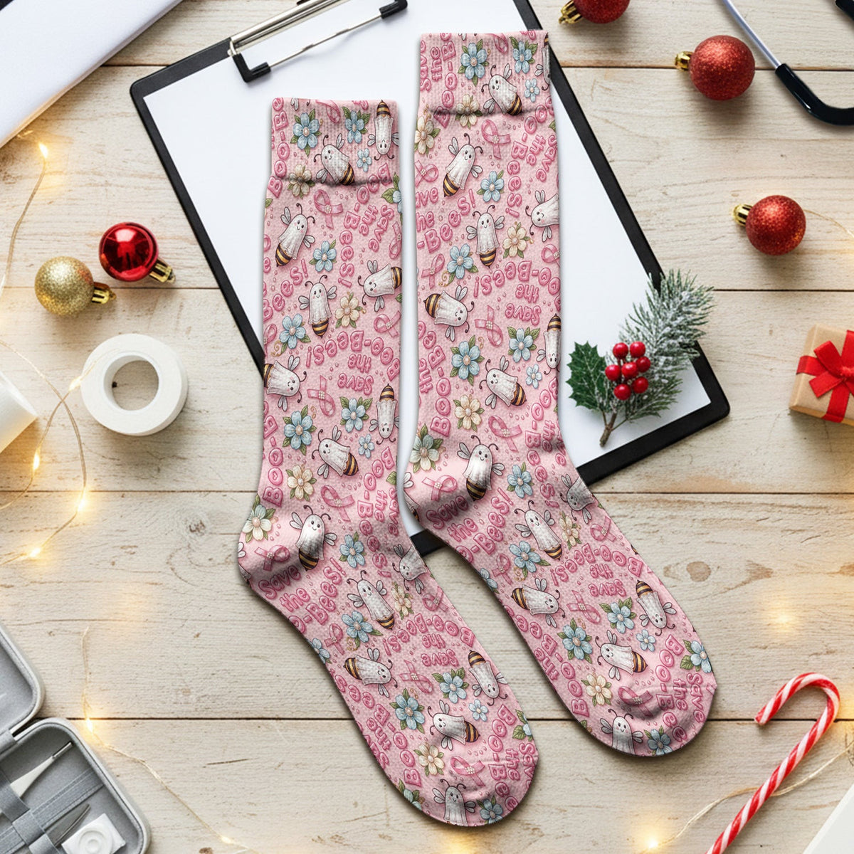 Save The Boo-Bees with Ribbon Socks, Adult Socks for Men and Women
