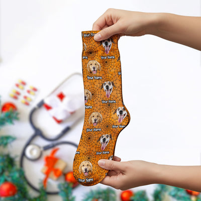 Personalized Halloween Dog Photo Spiderweb Socks, Adult Socks for Men and Women
