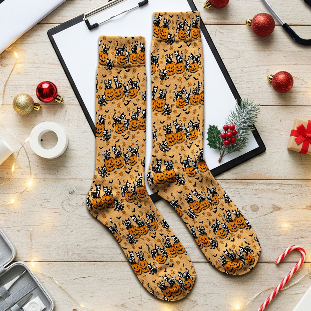 Halloween Skeleton Cat Print Socks, Adult Socks for Men and Women