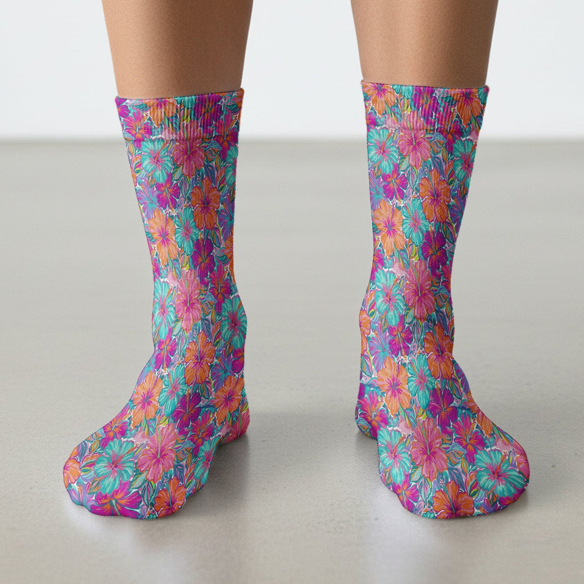 Vibrant Hibiscus Tropical Floral Pattern Socks, Adult Socks for Men and Women