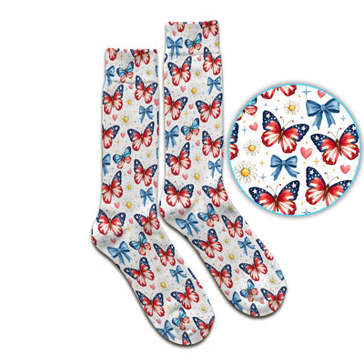 Patriotic Butterfly Bow Daisy Pattern Socks, Adult Socks for Men and Women