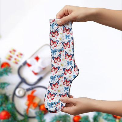 Patriotic Butterfly Bow Daisy Pattern Socks, Adult Socks for Men and Women
