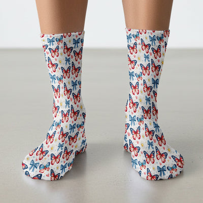 Patriotic Butterfly Bow Daisy Pattern Socks, Adult Socks for Men and Women
