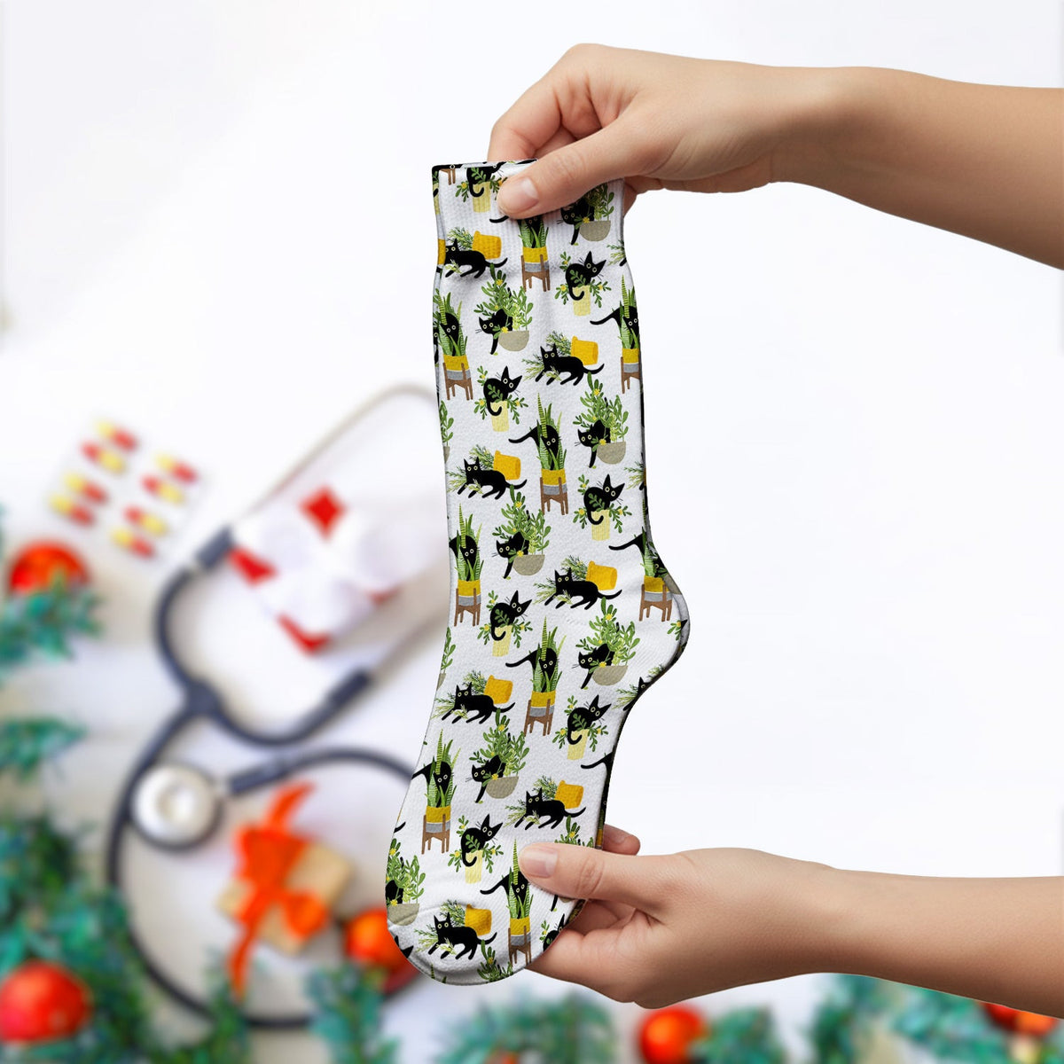 Black Cat Plant Pots Pattern Socks, Adult Socks for Men and Women
