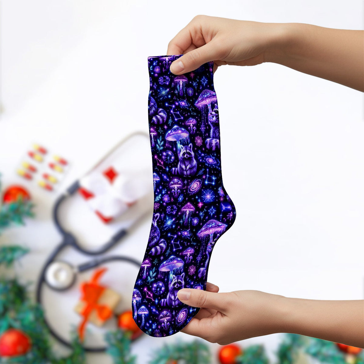 Cosmic Raccoon Mushroom Print Socks, Adult Socks for Men and Women