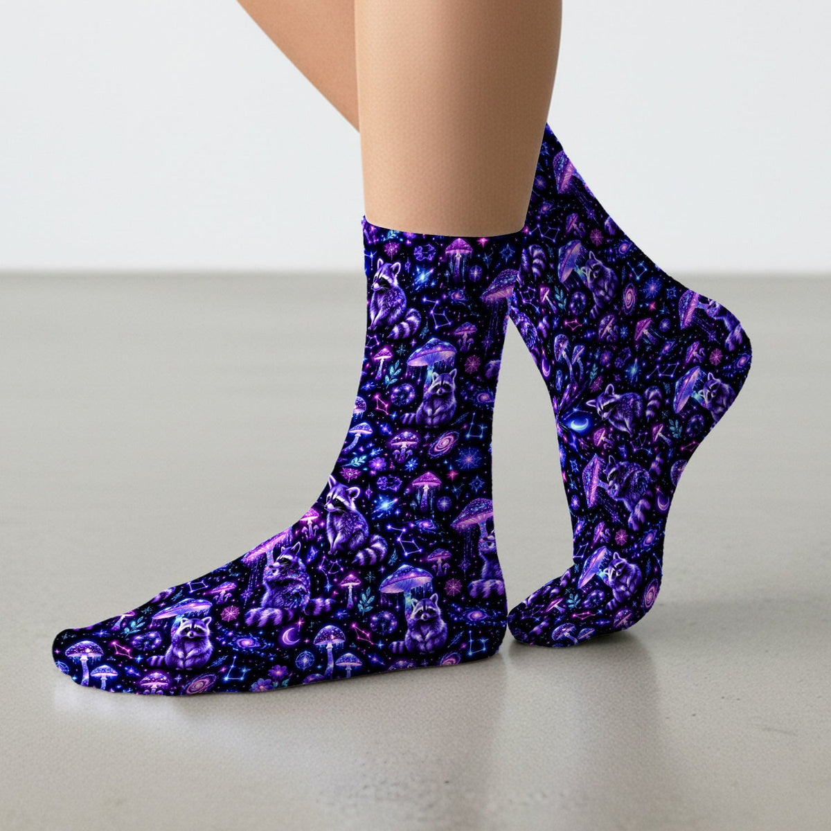 Cosmic Raccoon Mushroom Print Socks, Adult Socks for Men and Women