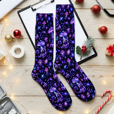 Cosmic Raccoon Mushroom Print Socks, Adult Socks for Men and Women