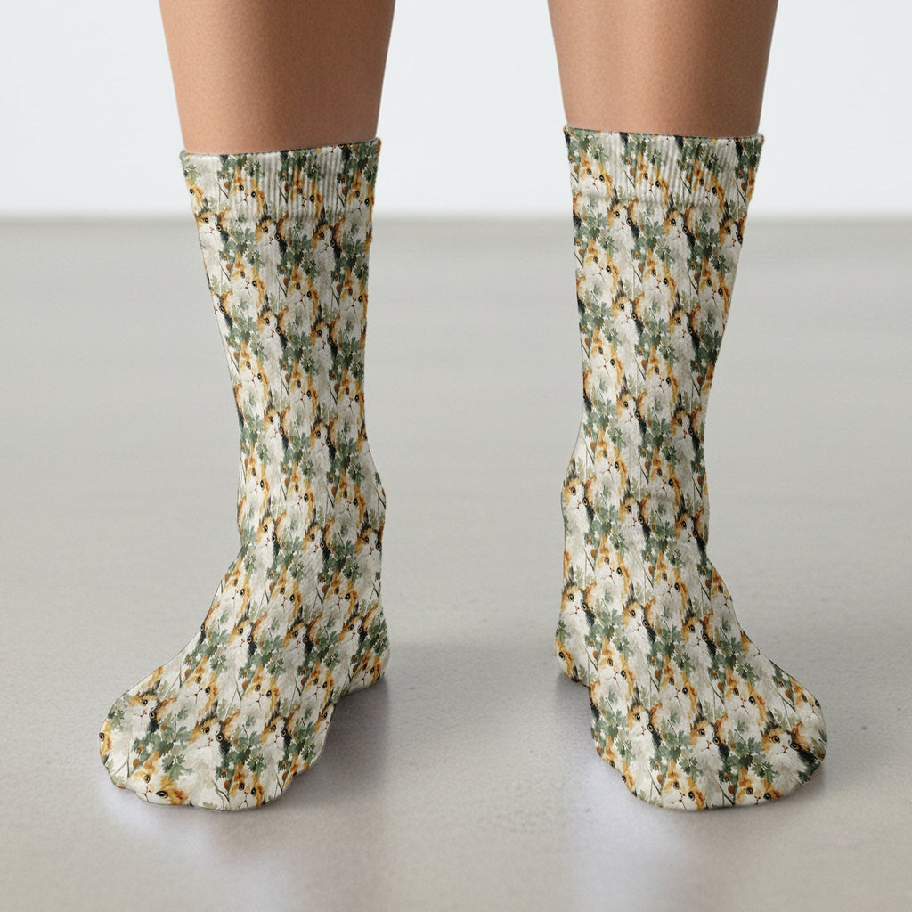Fluffy Calico Cat Oak Leaves Pattern Socks, Adult Socks for Men and Women