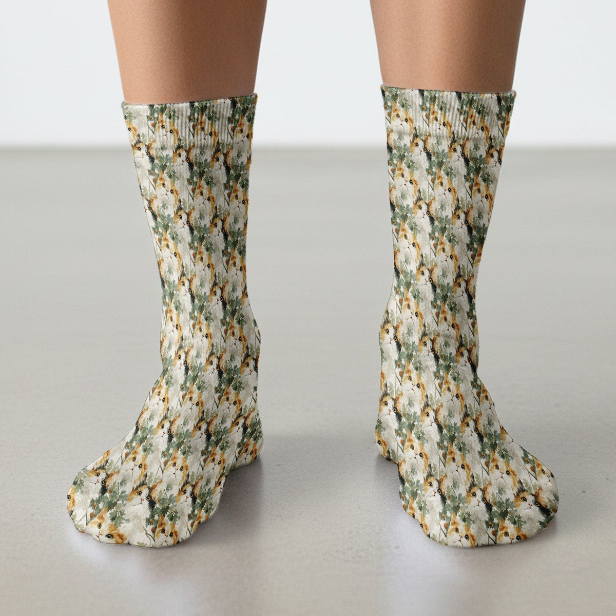Fluffy Calico Cat Oak Leaves Pattern Socks, Adult Socks for Men and Women