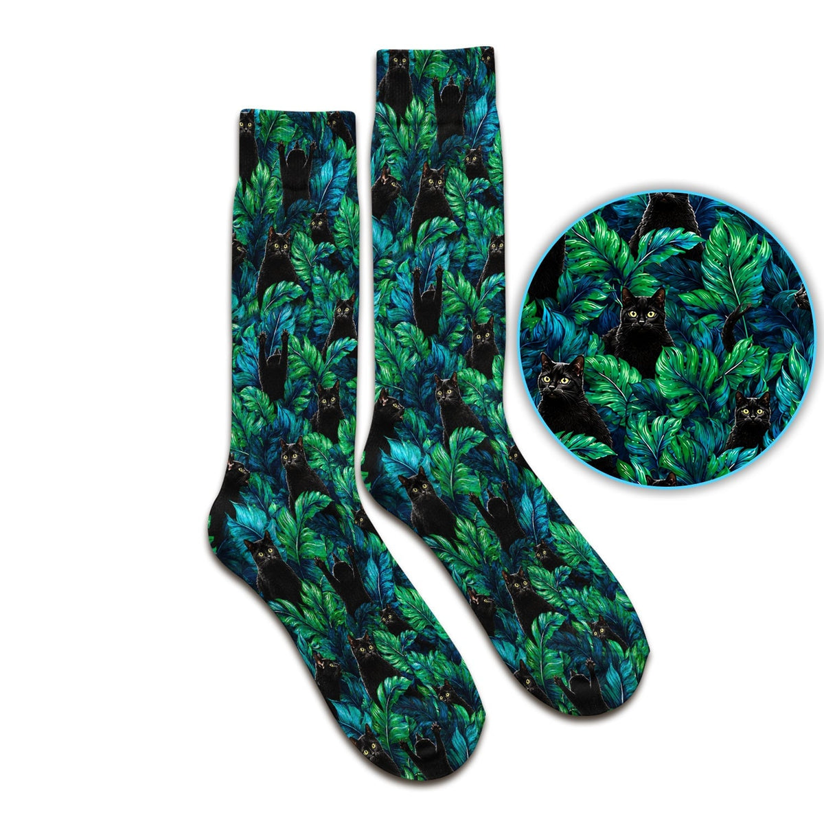 Black Cat Tropical Jungle Leaves Pattern Socks, Adult Socks for Men and Women