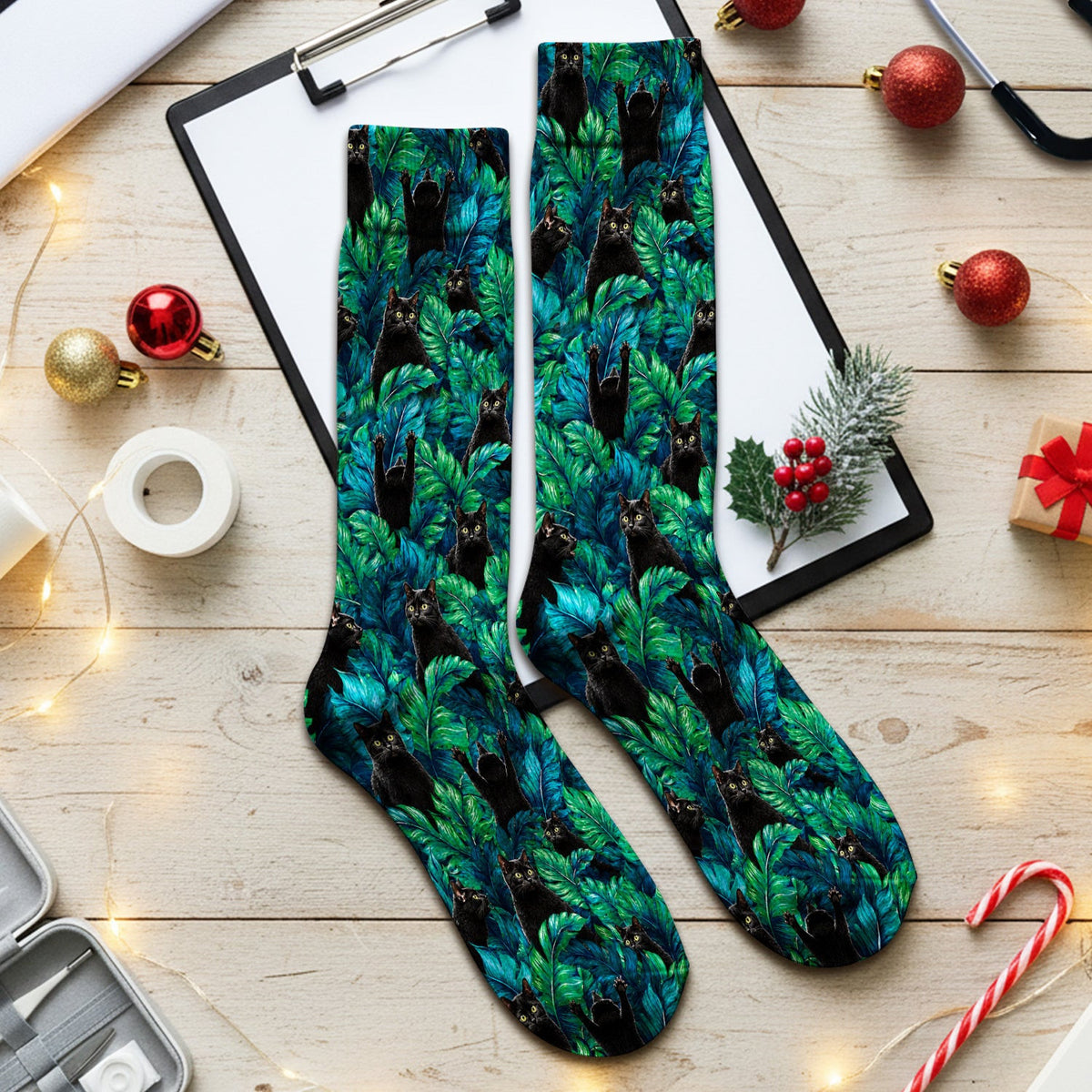 Black Cat Tropical Jungle Leaves Pattern Socks, Adult Socks for Men and Women