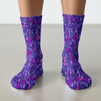 Purple Seahorse Ocean Pattern Socks, Adult Socks for Men and Women