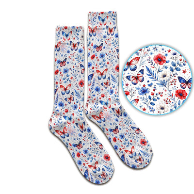 Patriotic Butterfly Fireworks Floral Pattern Socks, Adult Socks for Men and Women