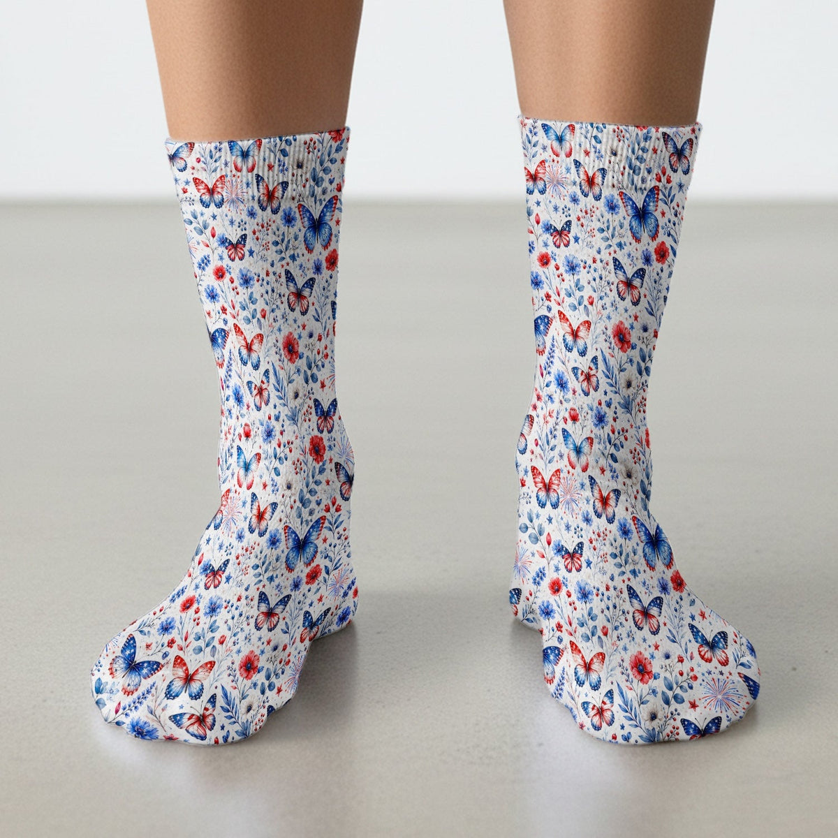 Patriotic Butterfly Fireworks Floral Pattern Socks, Adult Socks for Men and Women