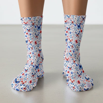 Patriotic Butterfly Fireworks Floral Pattern Socks, Adult Socks for Men and Women