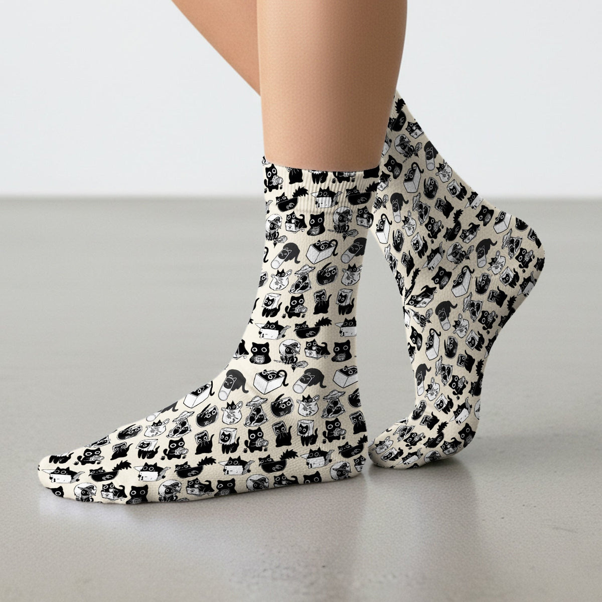 Black Cat Halloween Doodle Pattern Socks, Adult Socks for Men and Women