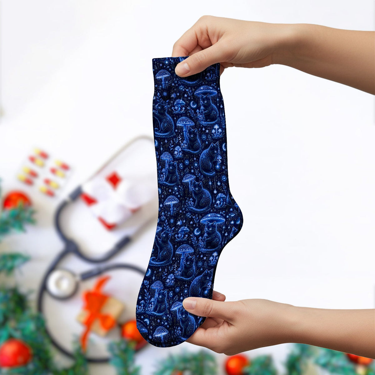 Celestial Black Cat Mushroom Pattern Socks, Adult Socks for Men and Women