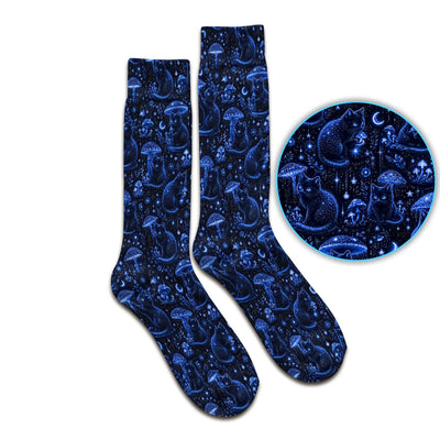 Celestial Black Cat Mushroom Pattern Socks, Adult Socks for Men and Women