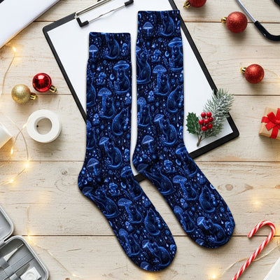 Celestial Black Cat Mushroom Pattern Socks, Adult Socks for Men and Women