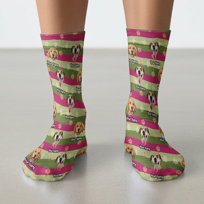 Personalized Floral Dog Portrait With Spring Stripes Pattern Socks, Adult Socks for Men and Women