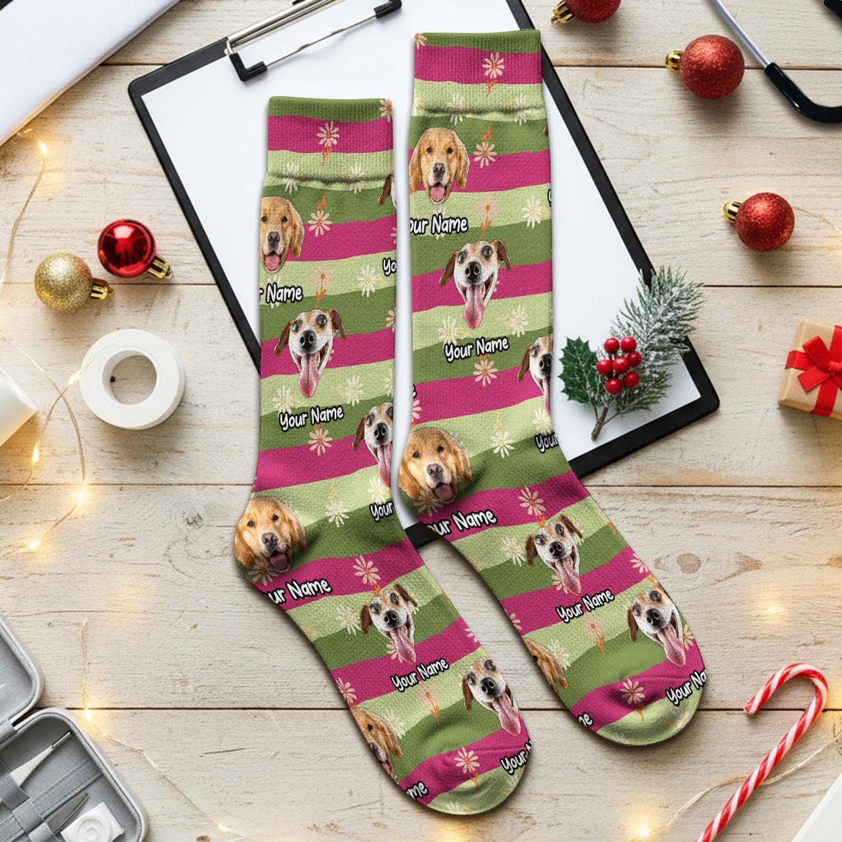 Personalized Floral Dog Portrait With Spring Stripes Pattern Socks, Adult Socks for Men and Women
