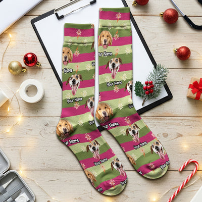 Personalized Floral Dog Portrait With Spring Stripes Pattern Socks, Adult Socks for Men and Women