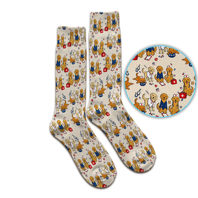Golden Retriever Nurse Dog Pattern Scrub Top, Breathable Fabrics Nursing Uniform Socks, Adult Socks for Men and Women